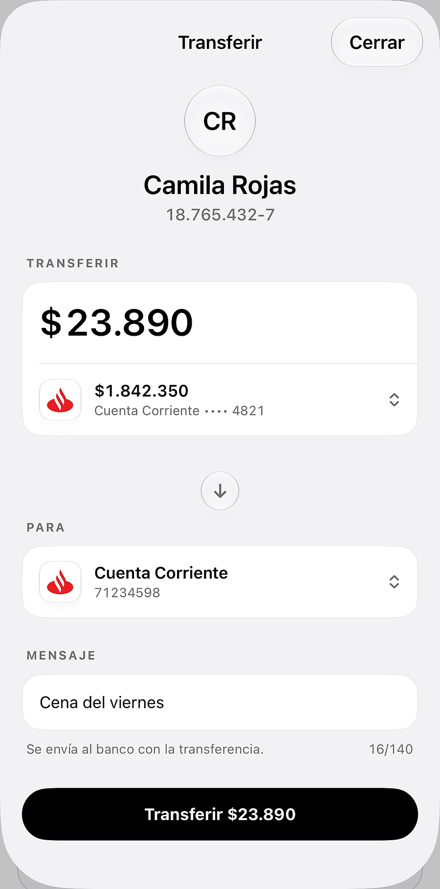 La transferencia preparada, lista para confirmar